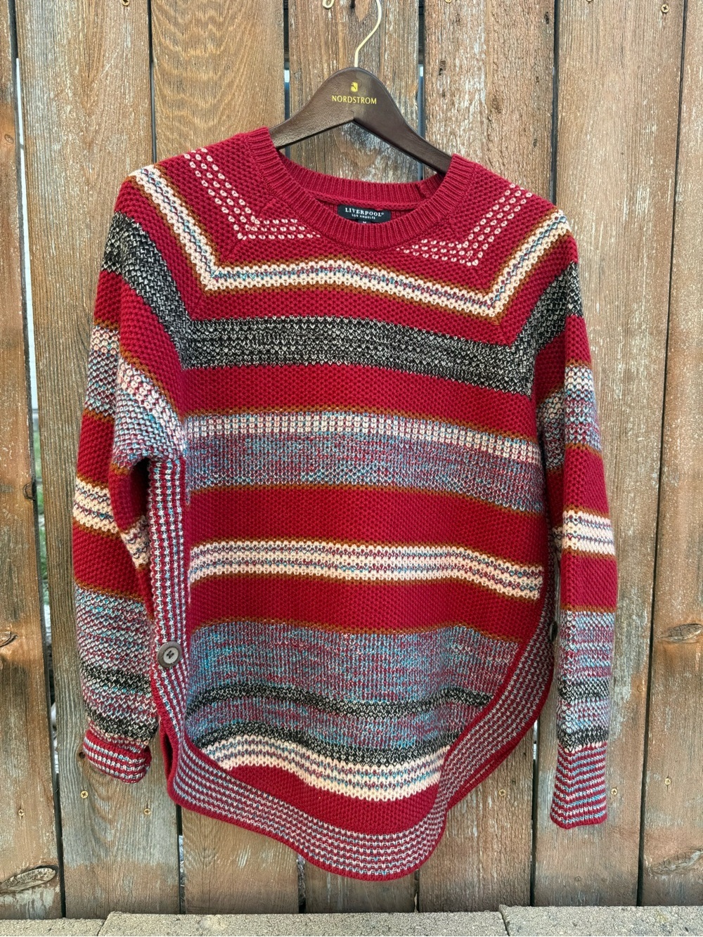 Liverpool Womens Red Gray Stripe Round Hem Crewneck Sweater Size Medium
